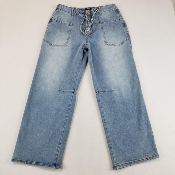 Flamingals Denim - FLAMINGALS Jeans Womens Large Blue High Rise Wide Leg Lace Up Patch Pockets